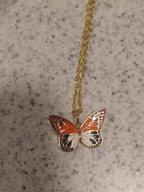 Gold Butterfly Pendant Necklace - Orange, Purple, Black